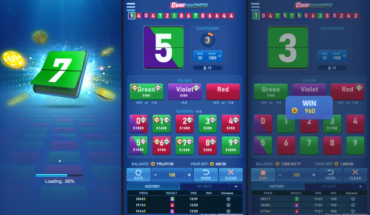 Color predictor mobile app interface for smartphone gaming experience