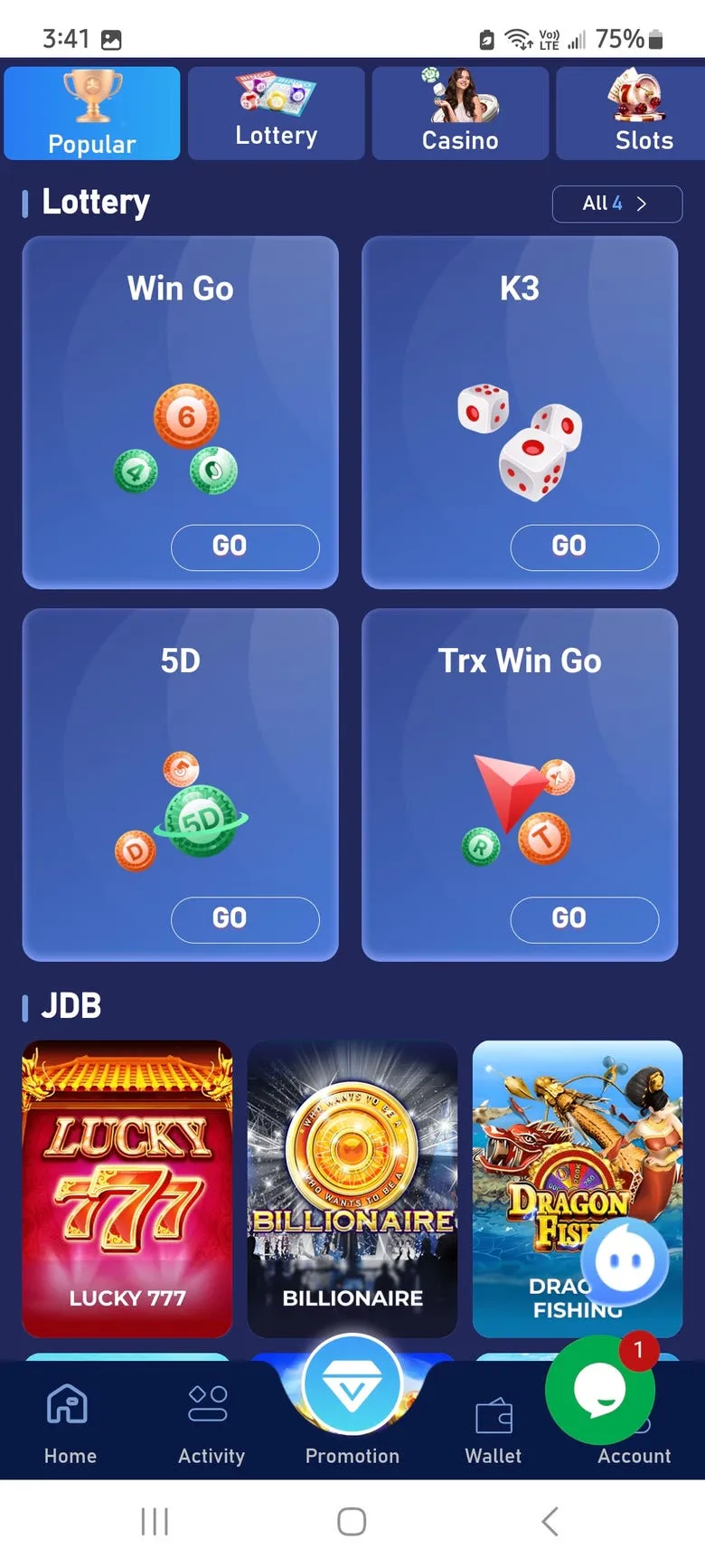 Color prediction casino winner announcement with prize display screen